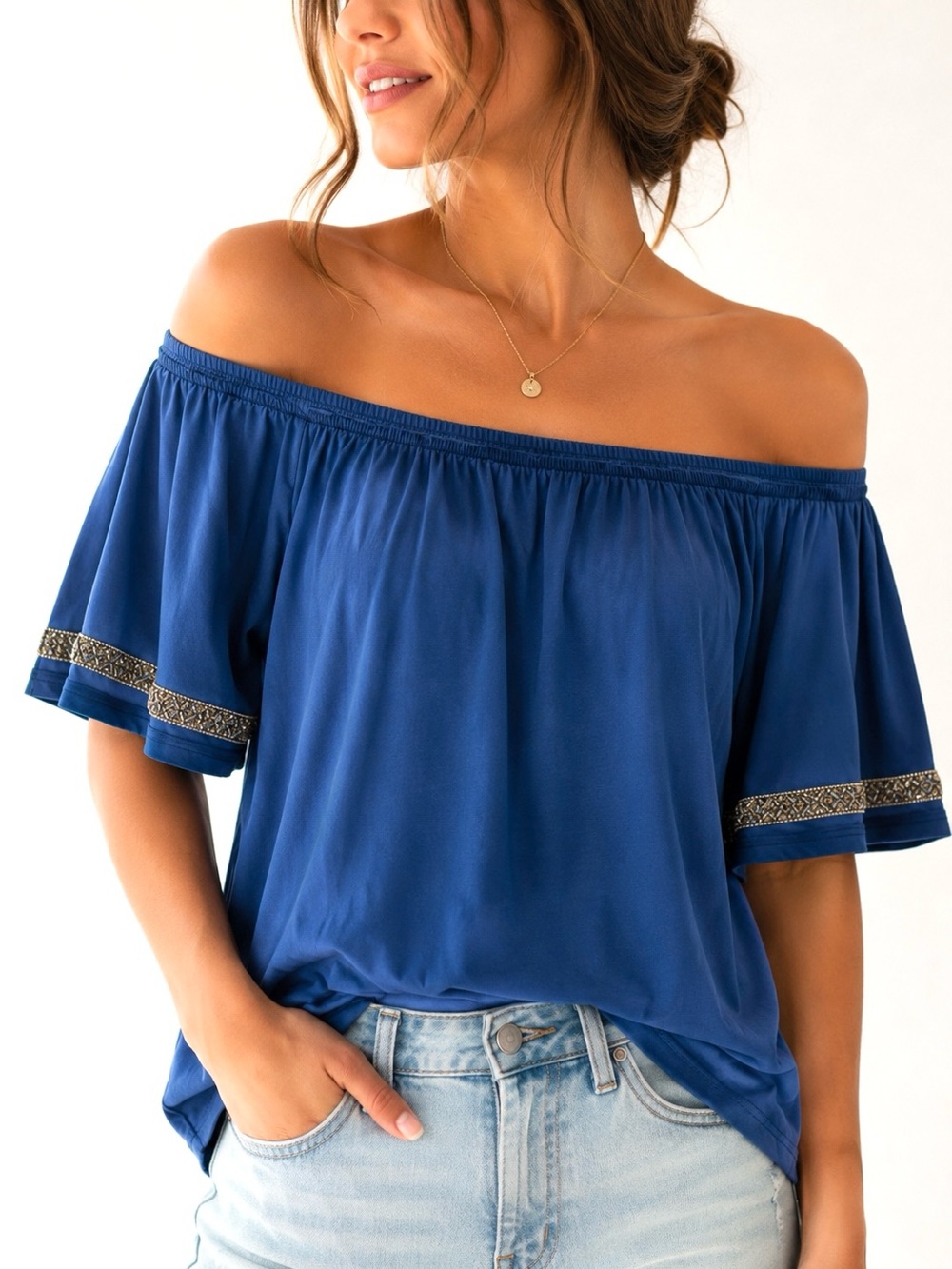 Ramy Brook Blue Off Shoulder Beaded Boho Blouse Small Peasant Top